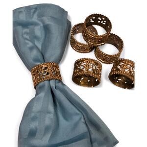 Vintage Boho MCM 2" Brass Floral Filigree Napkin Rings Set of 6 EUC Décor